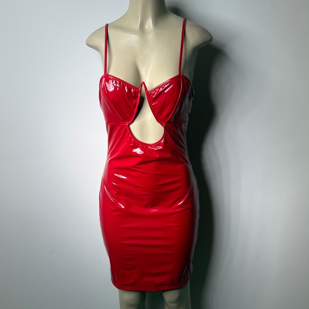 Red Vinyl Cutout Bodycon Dress with Spaghetti Straps NWOT